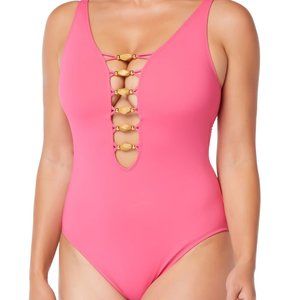Bleu by Rod Beattie Beaded-Cutout One-Piece Swimsuit Rose Red Size 14